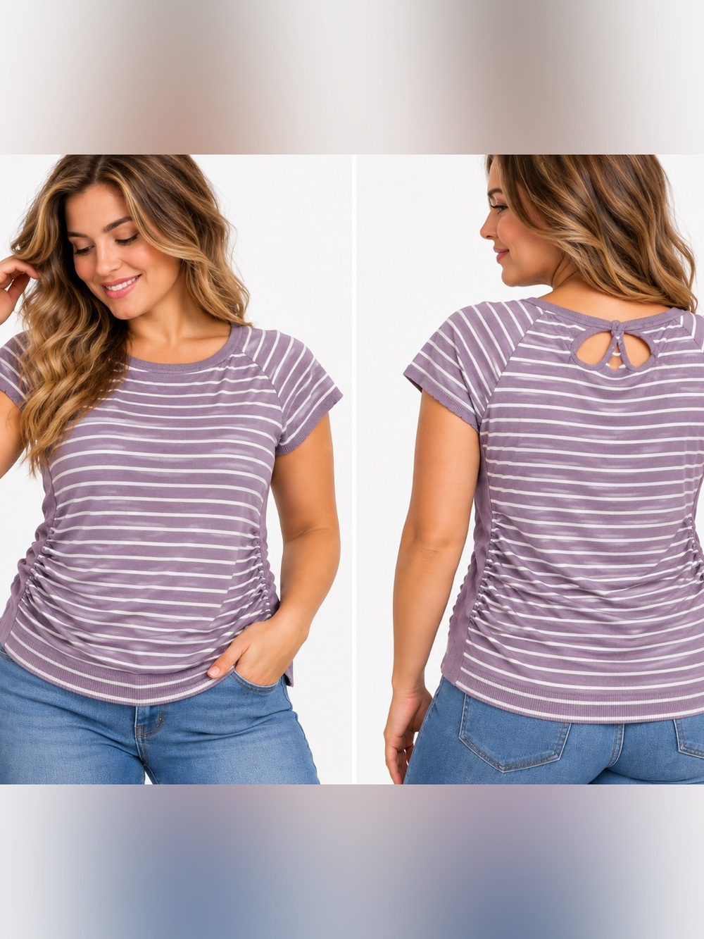 Maurices Purple Striped Ruched Side Knit Sweater Top Women’s XL Keyhole Back